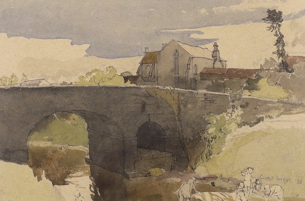 Charles Knight (1901-1990), pencil and watercolour, House and stone bridge, signed and dated '30, 24 x 36cm